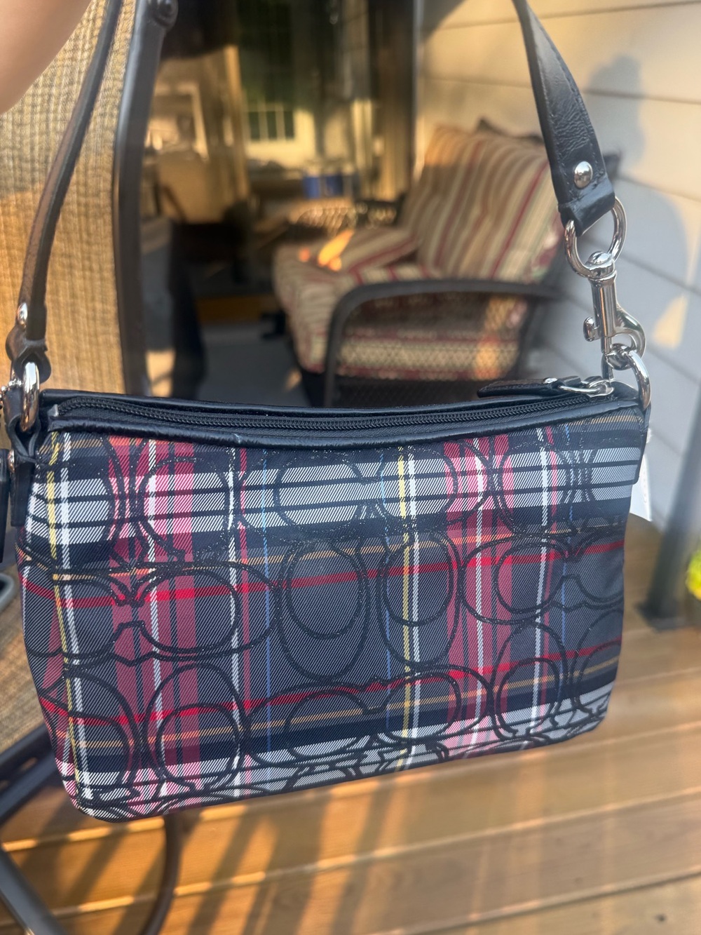 NWT - Vintage Coach Plaid Shoulder Bag with Black Trim and Red Accents